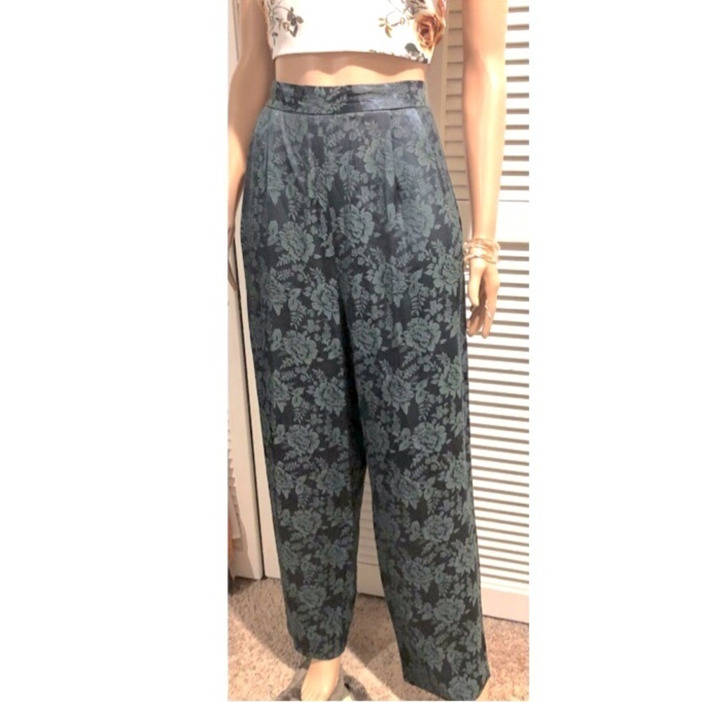 Vintage dark green rose printed pleated pants Size 14